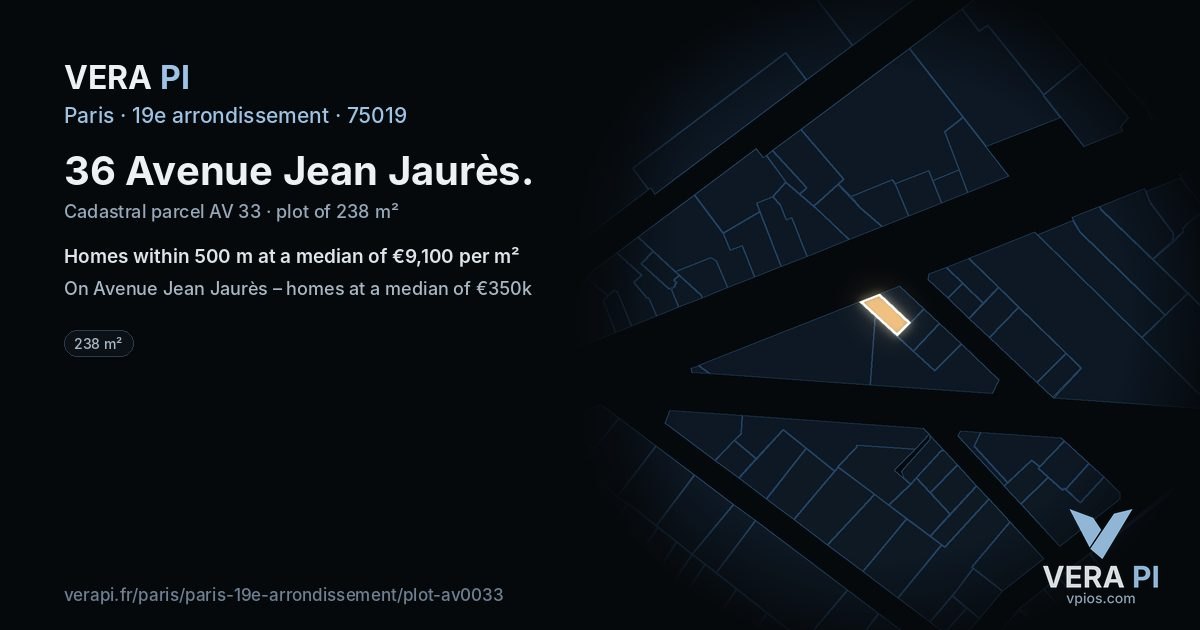 36 Avenue Jean Jaurès, 19e arrondissement at night – the plot lit, the parcels around coloured by the prices near them