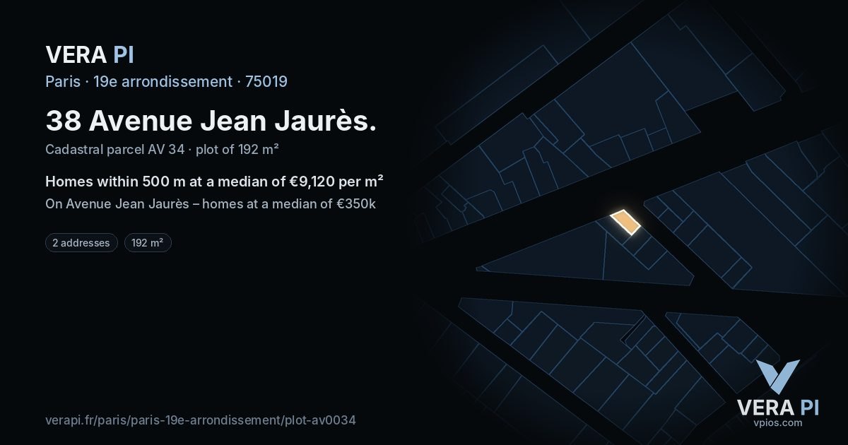 38 Avenue Jean Jaurès, 19e arrondissement at night – the plot lit, the parcels around coloured by the prices near them