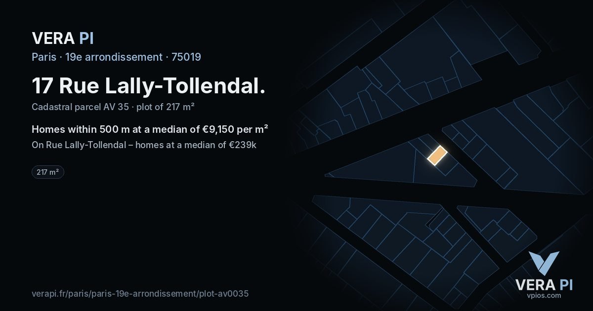 17 Rue Lally-Tollendal, 19e arrondissement at night – the plot lit, the parcels around coloured by the prices near them