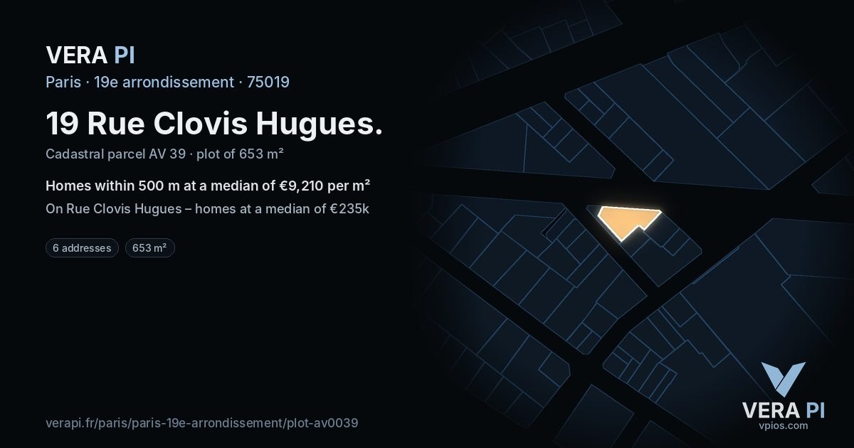 19 Rue Clovis Hugues, 19e arrondissement at night – the plot lit, the parcels around coloured by the prices near them