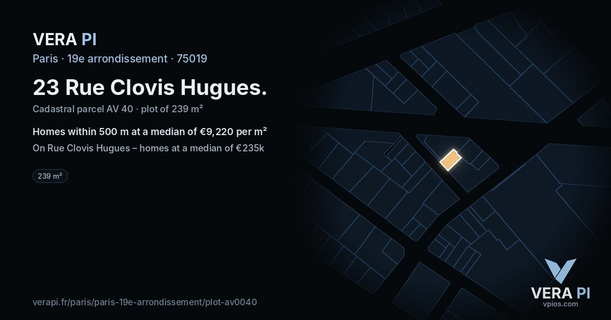 23 Rue Clovis Hugues, 19e arrondissement at night – the plot lit, the parcels around coloured by the prices near them