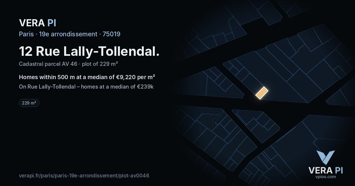 12 Rue Lally-Tollendal, 19e arrondissement at night – the plot lit, the parcels around coloured by the prices near them