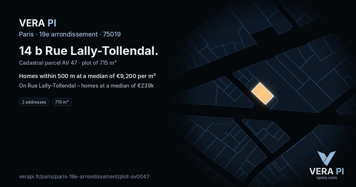 14 b Rue Lally-Tollendal, 19e arrondissement at night – the plot lit, the parcels around coloured by the prices near them