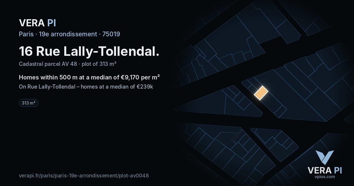 16 Rue Lally-Tollendal, 19e arrondissement at night – the plot lit, the parcels around coloured by the prices near them