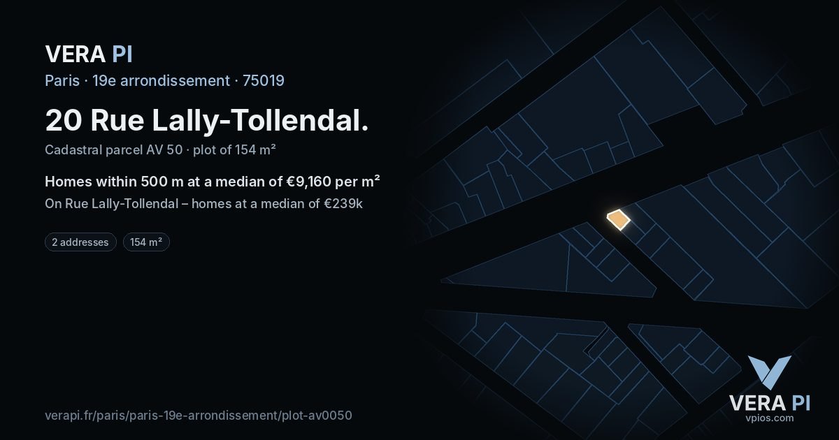 20 Rue Lally-Tollendal, 19e arrondissement at night – the plot lit, the parcels around coloured by the prices near them