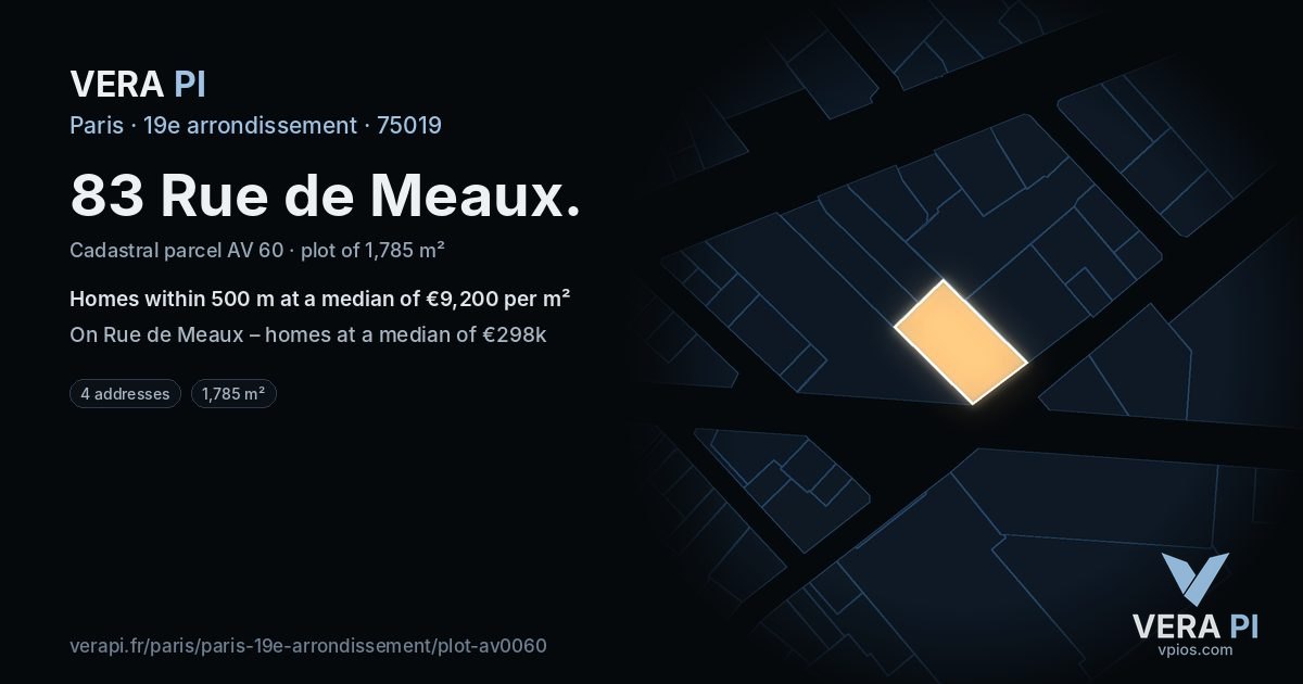 83 Rue de Meaux, 19e arrondissement at night – the plot lit, the parcels around coloured by the prices near them