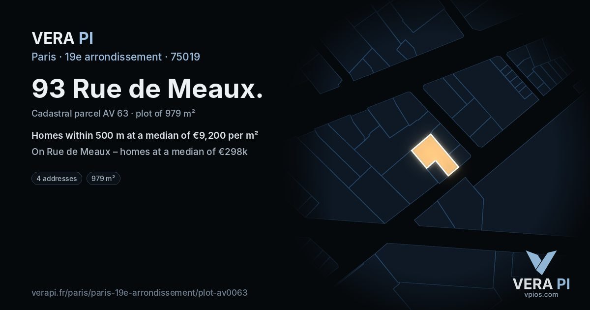 93 Rue de Meaux, 19e arrondissement at night – the plot lit, the parcels around coloured by the prices near them
