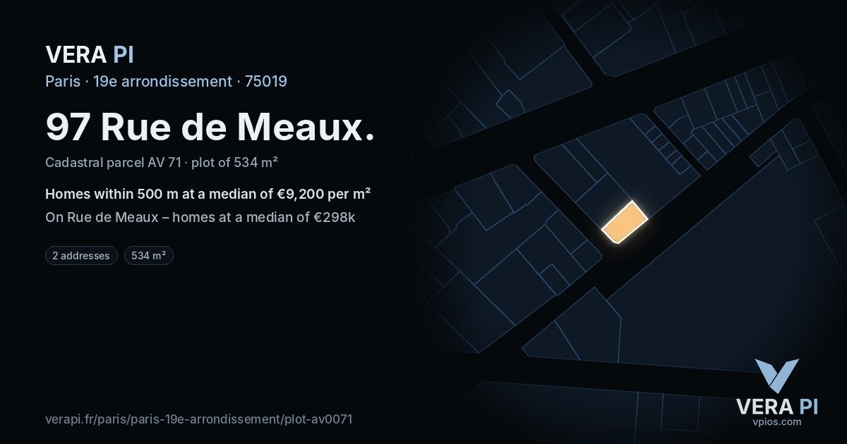 97 Rue de Meaux, 19e arrondissement at night – the plot lit, the parcels around coloured by the prices near them