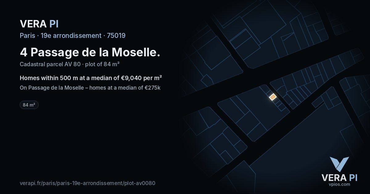 4 Passage de la Moselle, 19e arrondissement at night – the plot lit, the parcels around coloured by the prices near them