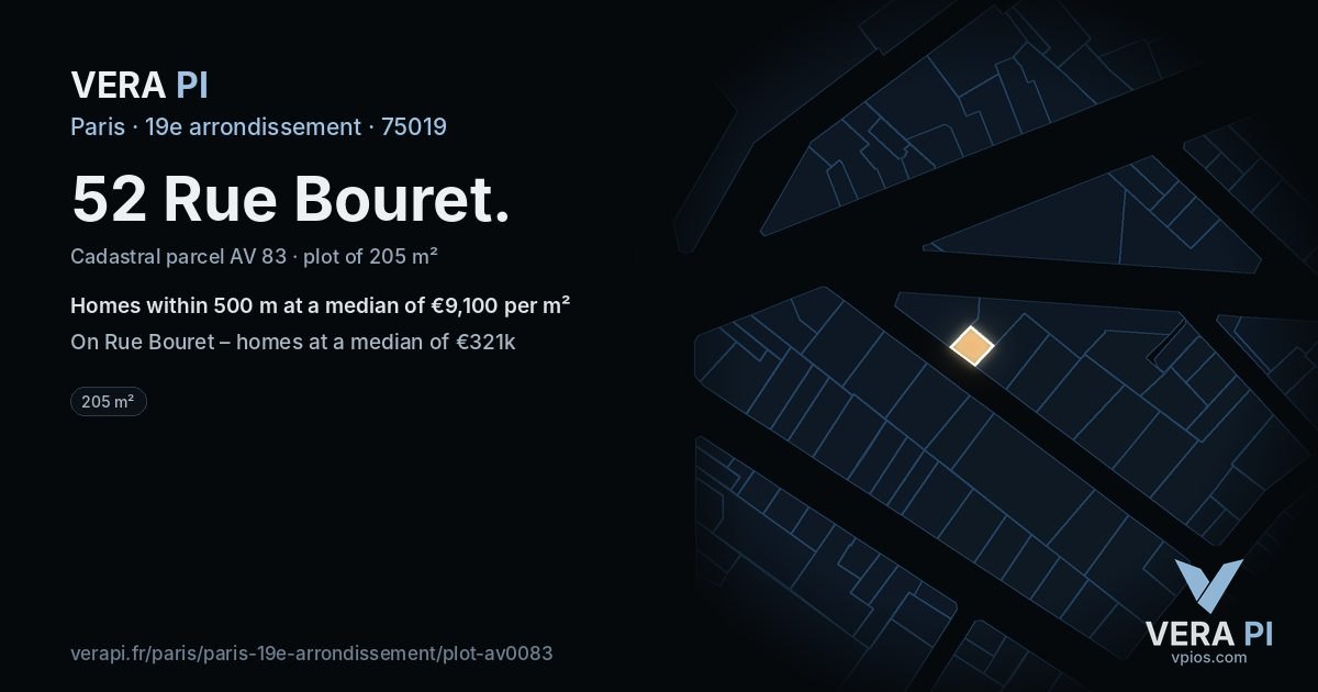 52 Rue Bouret, 19e arrondissement at night – the plot lit, the parcels around coloured by the prices near them