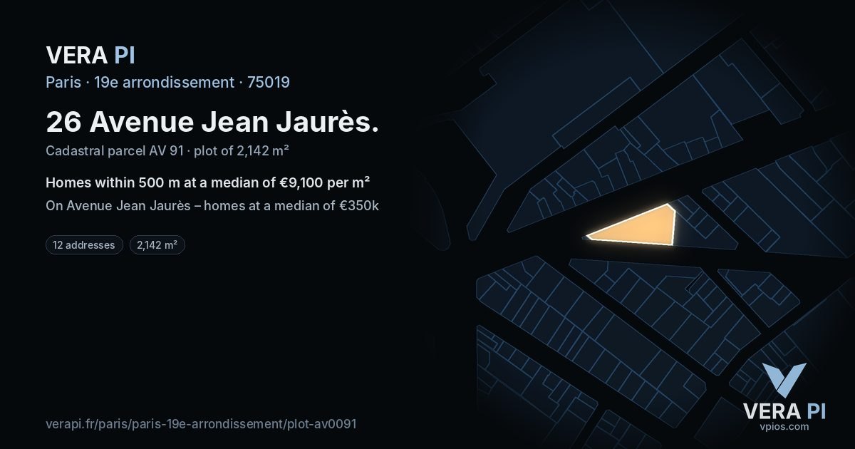 26 Avenue Jean Jaurès, 19e arrondissement at night – the plot lit, the parcels around coloured by the prices near them