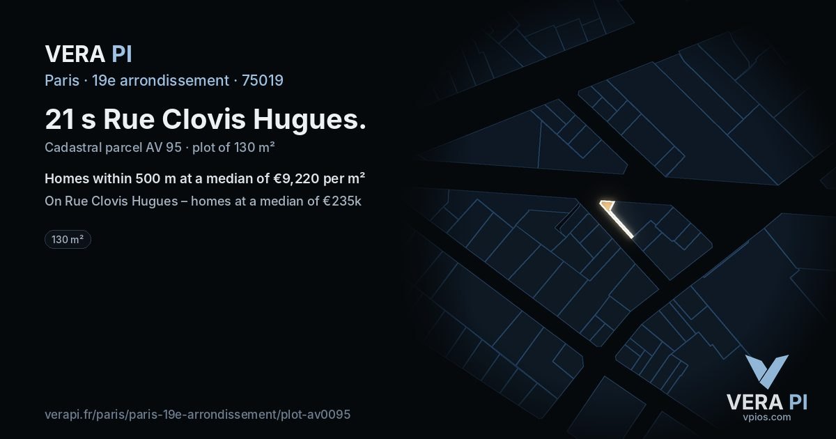 21 s Rue Clovis Hugues, 19e arrondissement at night – the plot lit, the parcels around coloured by the prices near them