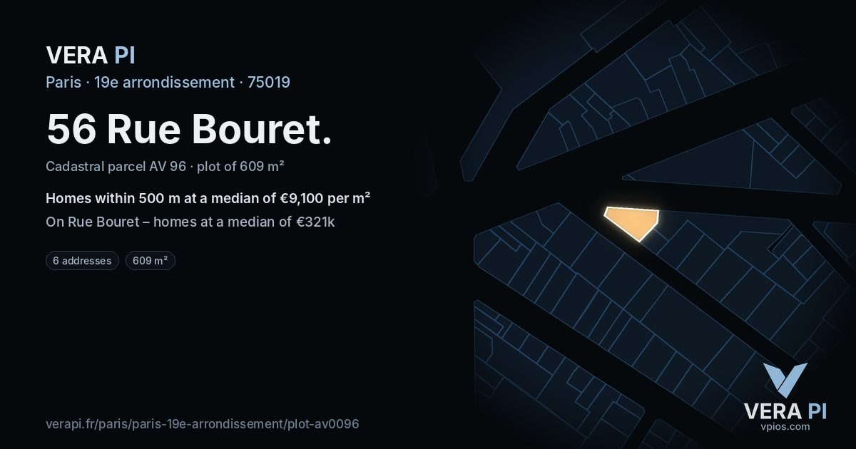 56 Rue Bouret, 19e arrondissement at night – the plot lit, the parcels around coloured by the prices near them