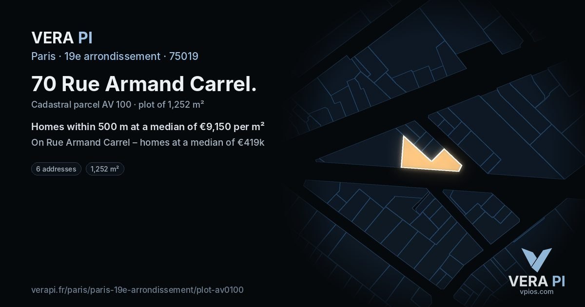 70 Rue Armand Carrel, 19e arrondissement at night – the plot lit, the parcels around coloured by the prices near them