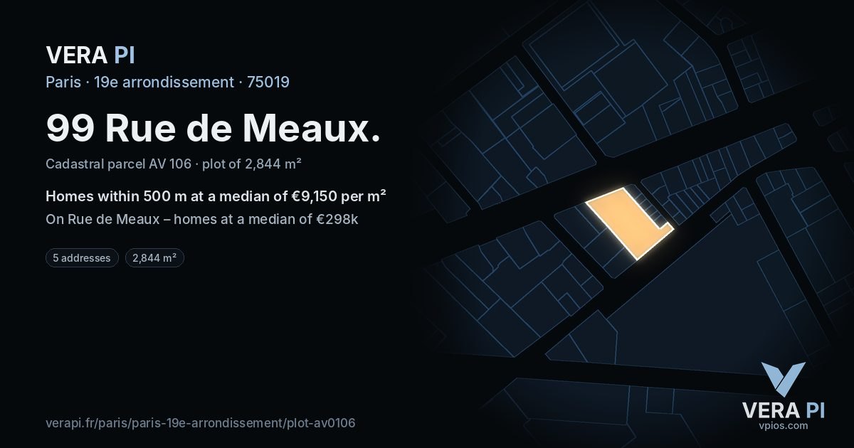 99 Rue de Meaux, 19e arrondissement at night – the plot lit, the parcels around coloured by the prices near them