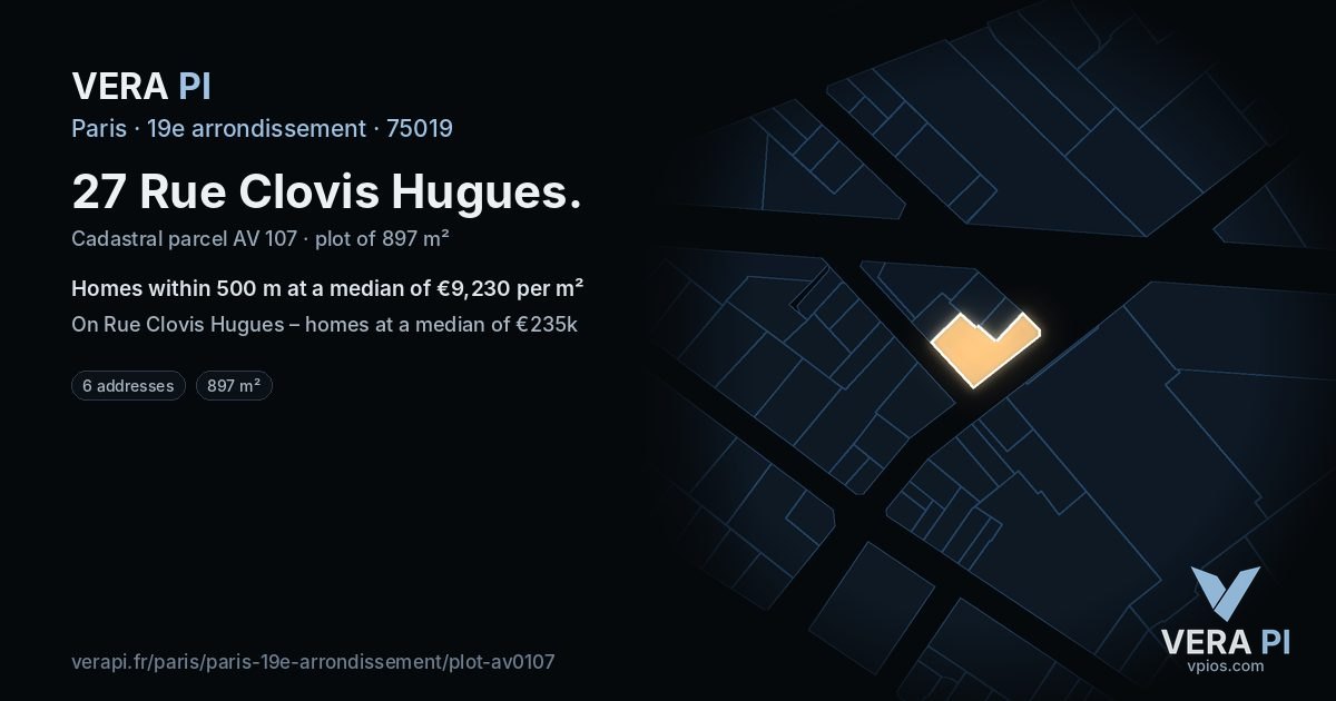 27 Rue Clovis Hugues, 19e arrondissement at night – the plot lit, the parcels around coloured by the prices near them