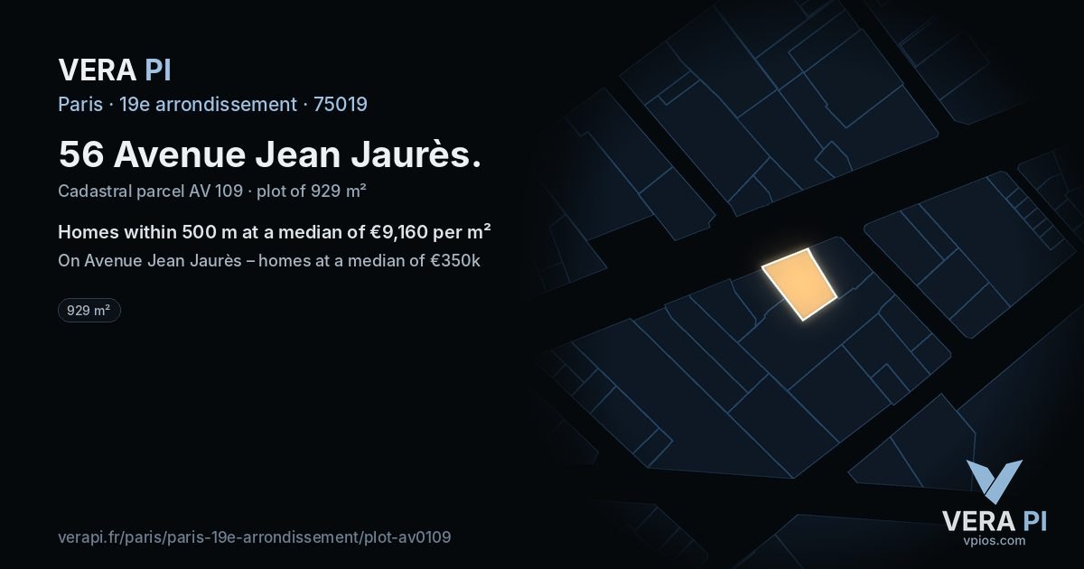 56 Avenue Jean Jaurès, 19e arrondissement at night – the plot lit, the parcels around coloured by the prices near them