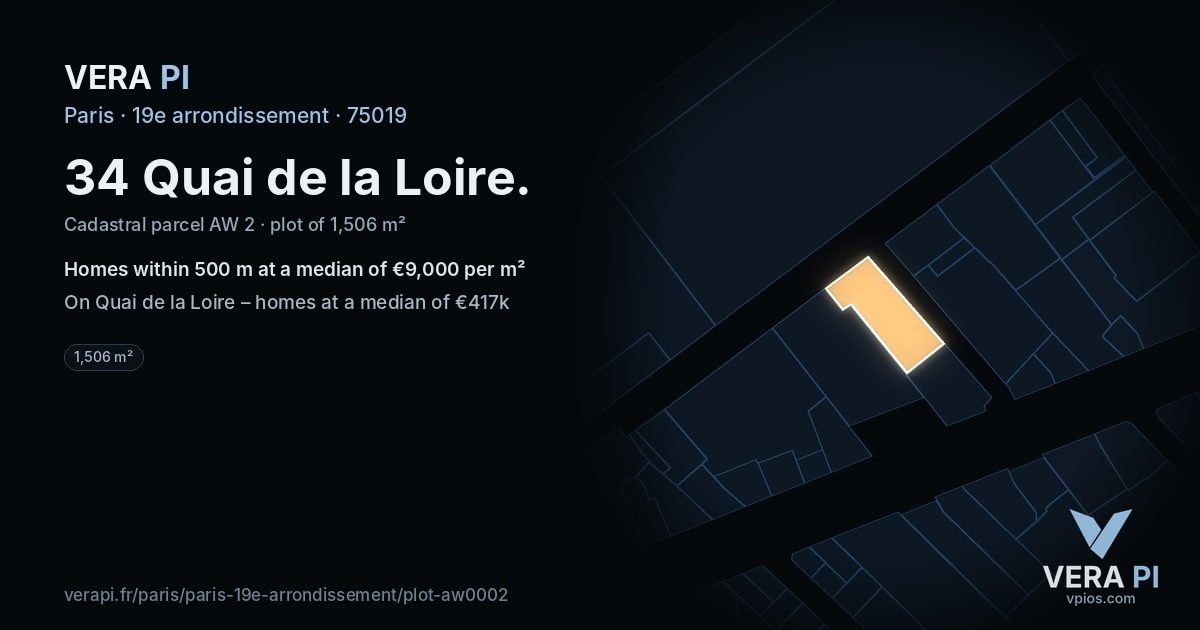34 Quai de la Loire, 19e arrondissement at night – the plot lit, the parcels around coloured by the prices near them