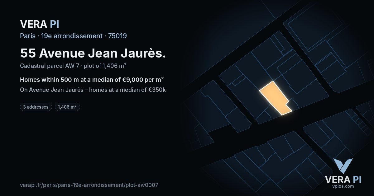 55 Avenue Jean Jaurès, 19e arrondissement at night – the plot lit, the parcels around coloured by the prices near them