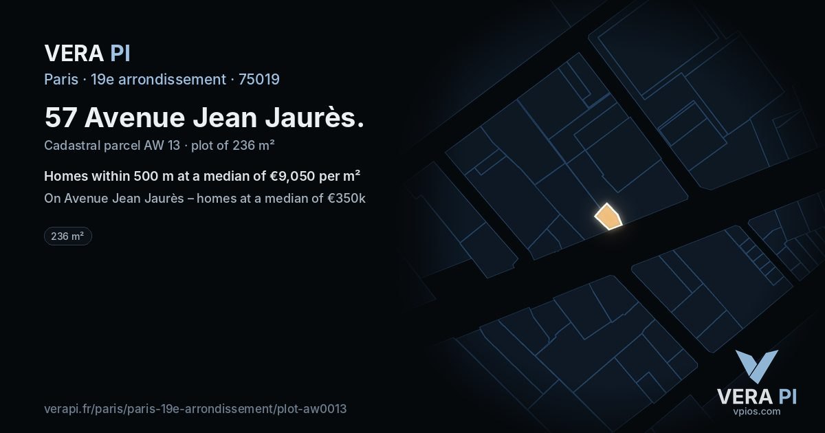 57 Avenue Jean Jaurès, 19e arrondissement at night – the plot lit, the parcels around coloured by the prices near them