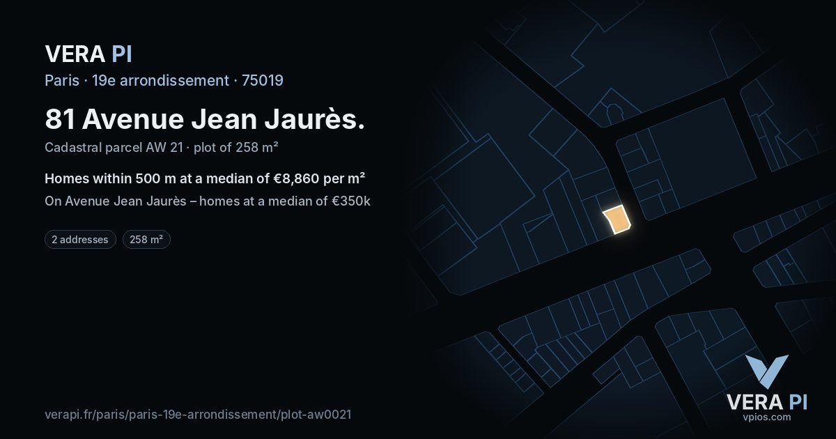 81 Avenue Jean Jaurès, 19e arrondissement at night – the plot lit, the parcels around coloured by the prices near them