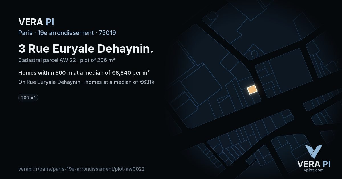 3 Rue Euryale Dehaynin, 19e arrondissement at night – the plot lit, the parcels around coloured by the prices near them