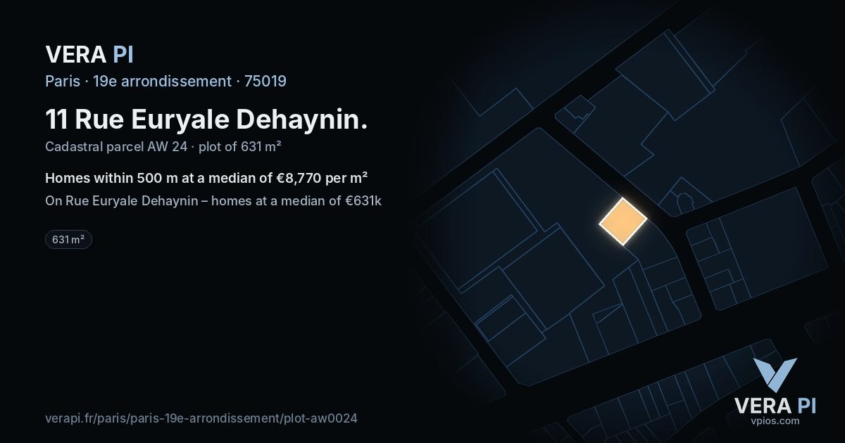 11 Rue Euryale Dehaynin, 19e arrondissement at night – the plot lit, the parcels around coloured by the prices near them