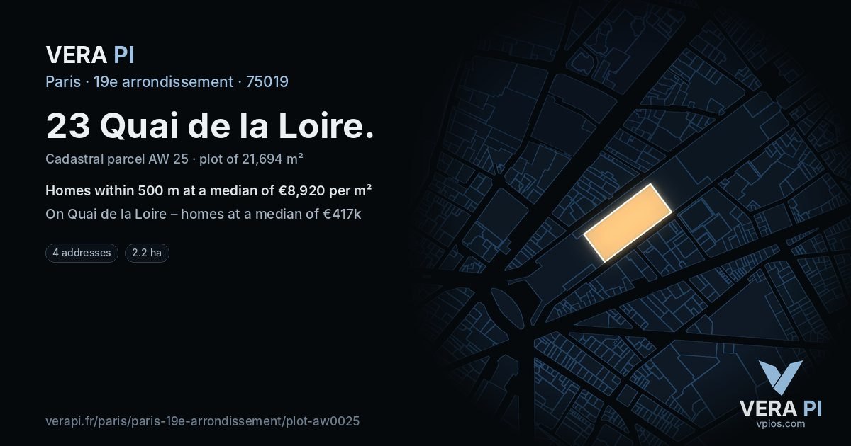 23 Quai de la Loire, 19e arrondissement at night – the plot lit, the parcels around coloured by the prices near them