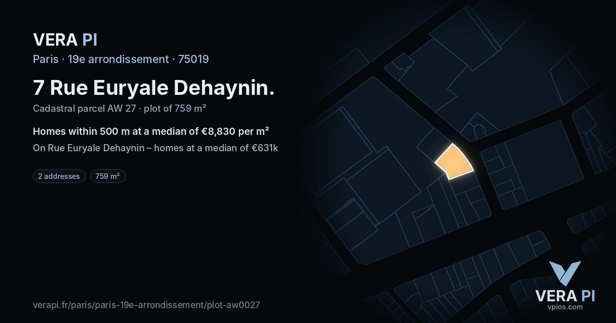 7 Rue Euryale Dehaynin, 19e arrondissement at night – the plot lit, the parcels around coloured by the prices near them