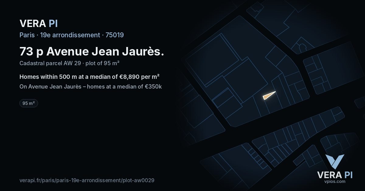 73 p Avenue Jean Jaurès, 19e arrondissement at night – the plot lit, the parcels around coloured by the prices near them