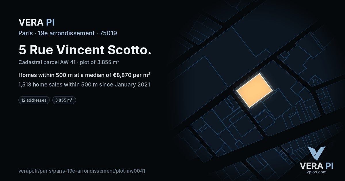 5 Rue Vincent Scotto, 19e arrondissement at night – the plot lit, the parcels around coloured by the prices near them