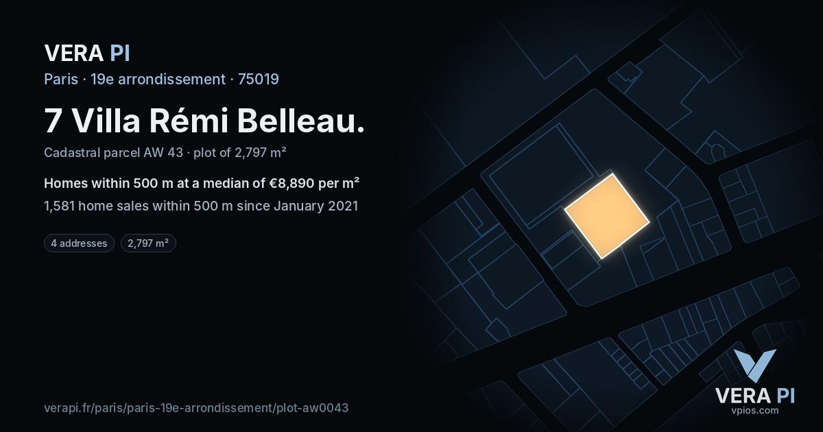 7 Villa Rémi Belleau, 19e arrondissement at night – the plot lit, the parcels around coloured by the prices near them