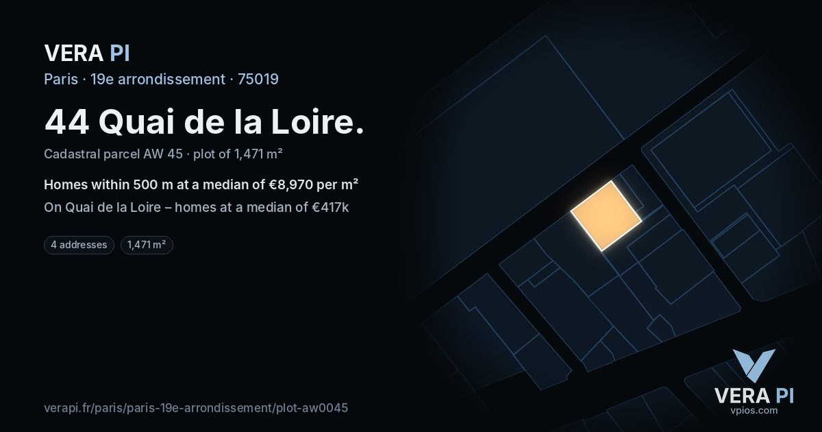 44 Quai de la Loire, 19e arrondissement at night – the plot lit, the parcels around coloured by the prices near them