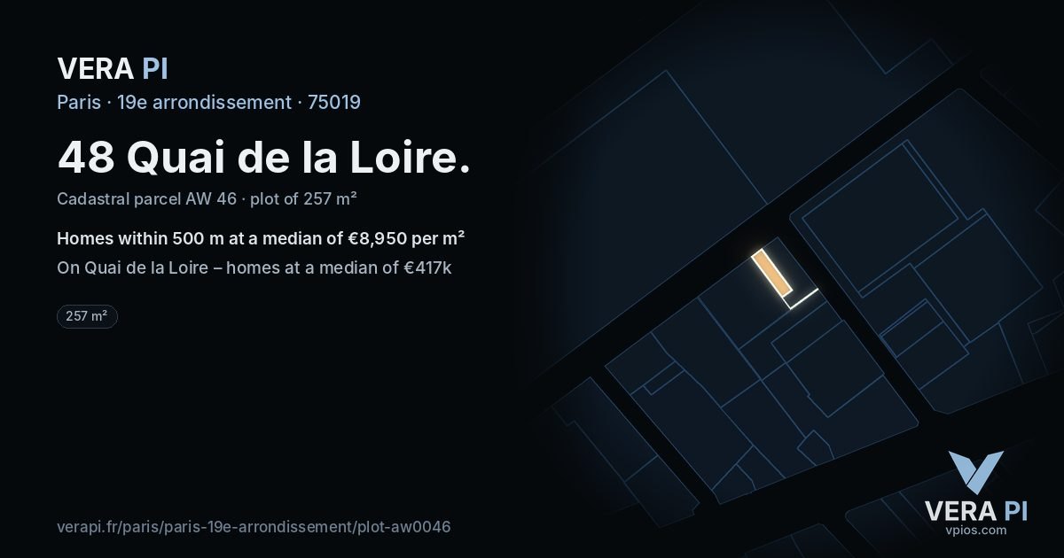 48 Quai de la Loire, 19e arrondissement at night – the plot lit, the parcels around coloured by the prices near them