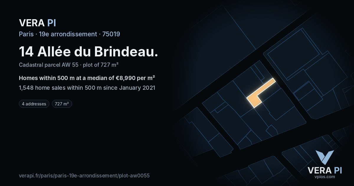 14 Allée du Brindeau, 19e arrondissement at night – the plot lit, the parcels around coloured by the prices near them