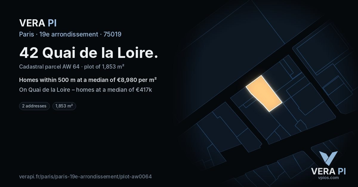 42 Quai de la Loire, 19e arrondissement at night – the plot lit, the parcels around coloured by the prices near them