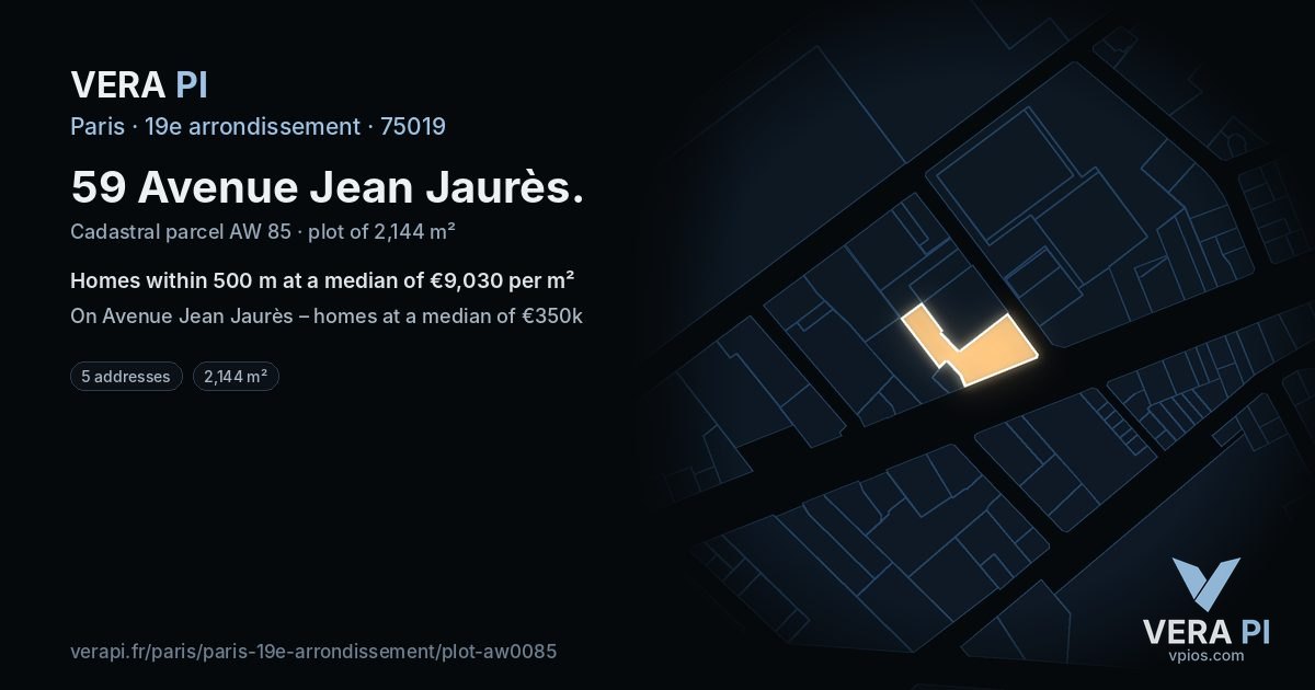 59 Avenue Jean Jaurès, 19e arrondissement at night – the plot lit, the parcels around coloured by the prices near them