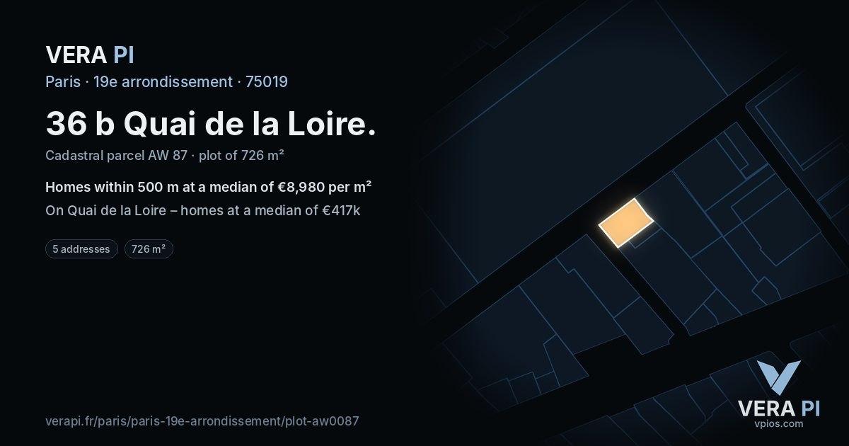 36 b Quai de la Loire, 19e arrondissement at night – the plot lit, the parcels around coloured by the prices near them
