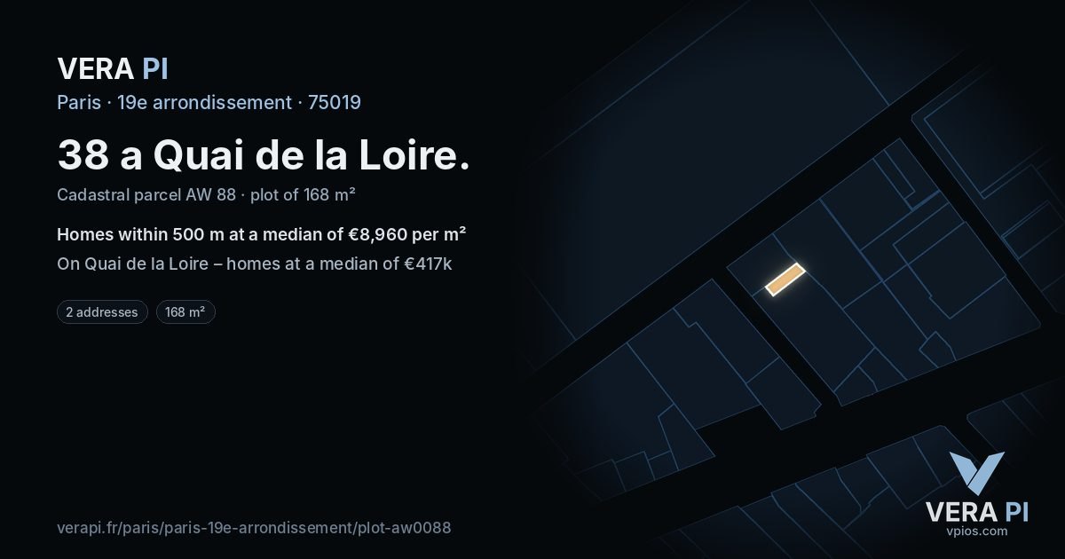 38 a Quai de la Loire, 19e arrondissement at night – the plot lit, the parcels around coloured by the prices near them