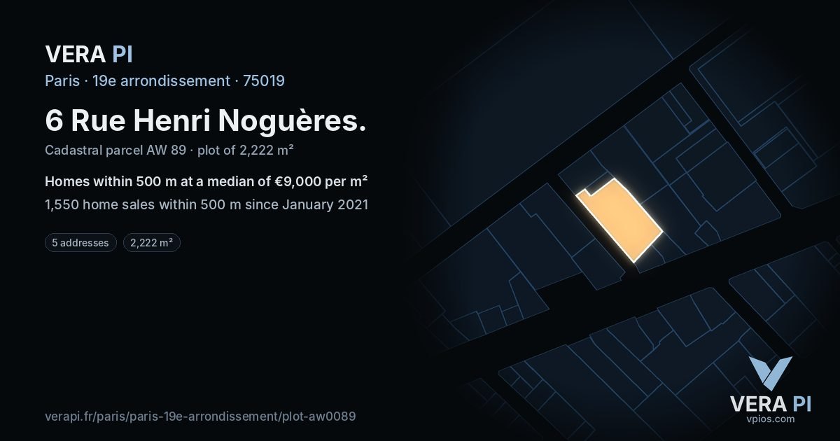 6 Rue Henri Noguères, 19e arrondissement at night – the plot lit, the parcels around coloured by the prices near them