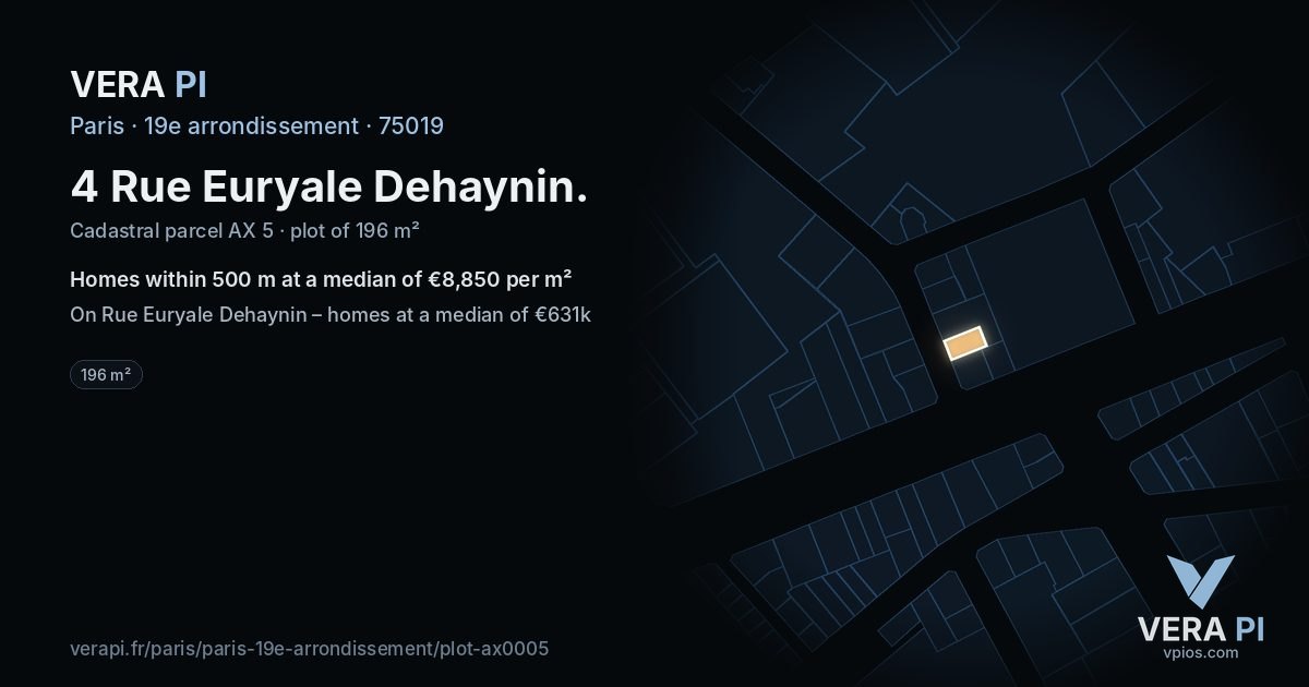 4 Rue Euryale Dehaynin, 19e arrondissement at night – the plot lit, the parcels around coloured by the prices near them