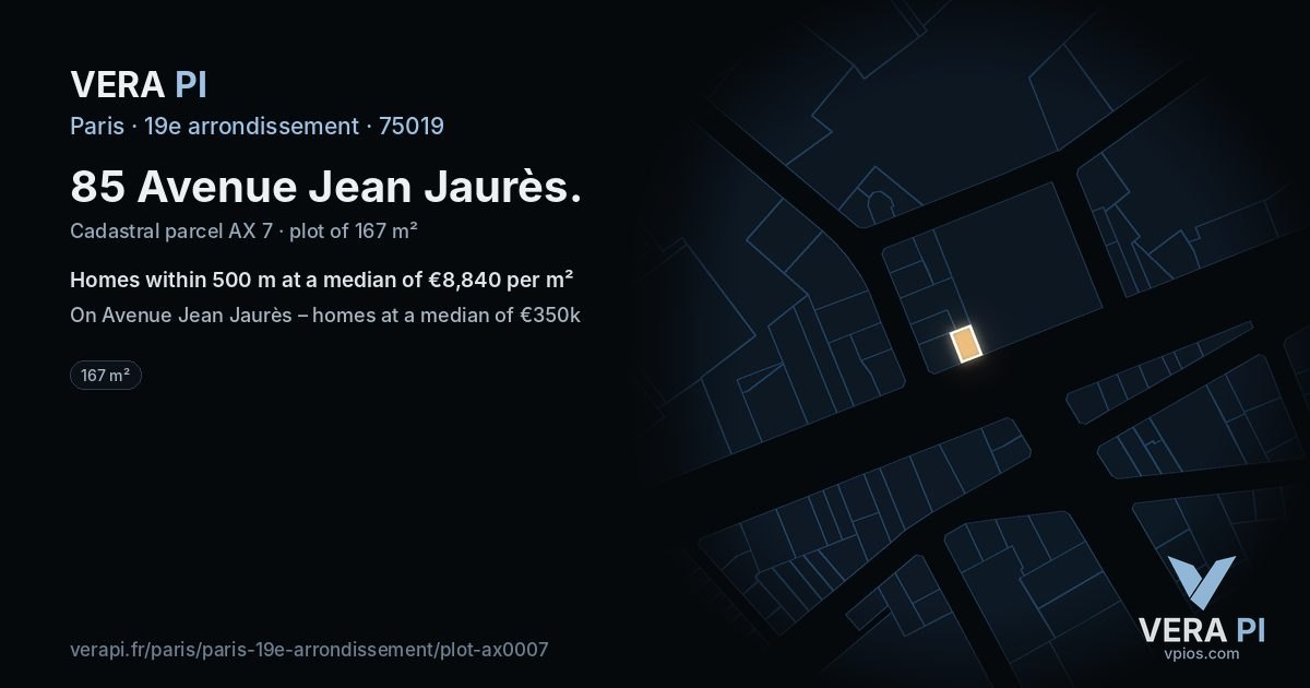 85 Avenue Jean Jaurès, 19e arrondissement at night – the plot lit, the parcels around coloured by the prices near them