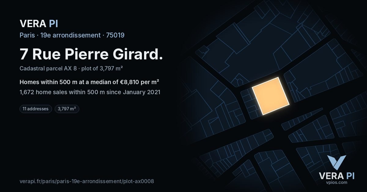 7 Rue Pierre Girard, 19e arrondissement at night – the plot lit, the parcels around coloured by the prices near them