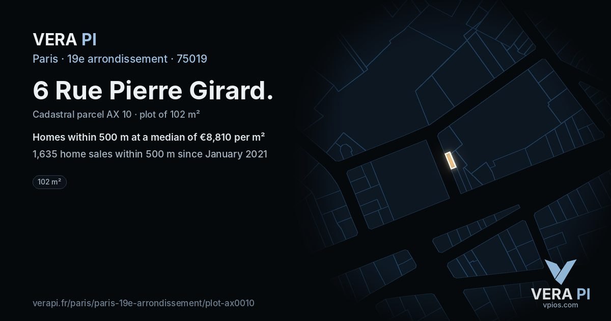 6 Rue Pierre Girard, 19e arrondissement at night – the plot lit, the parcels around coloured by the prices near them