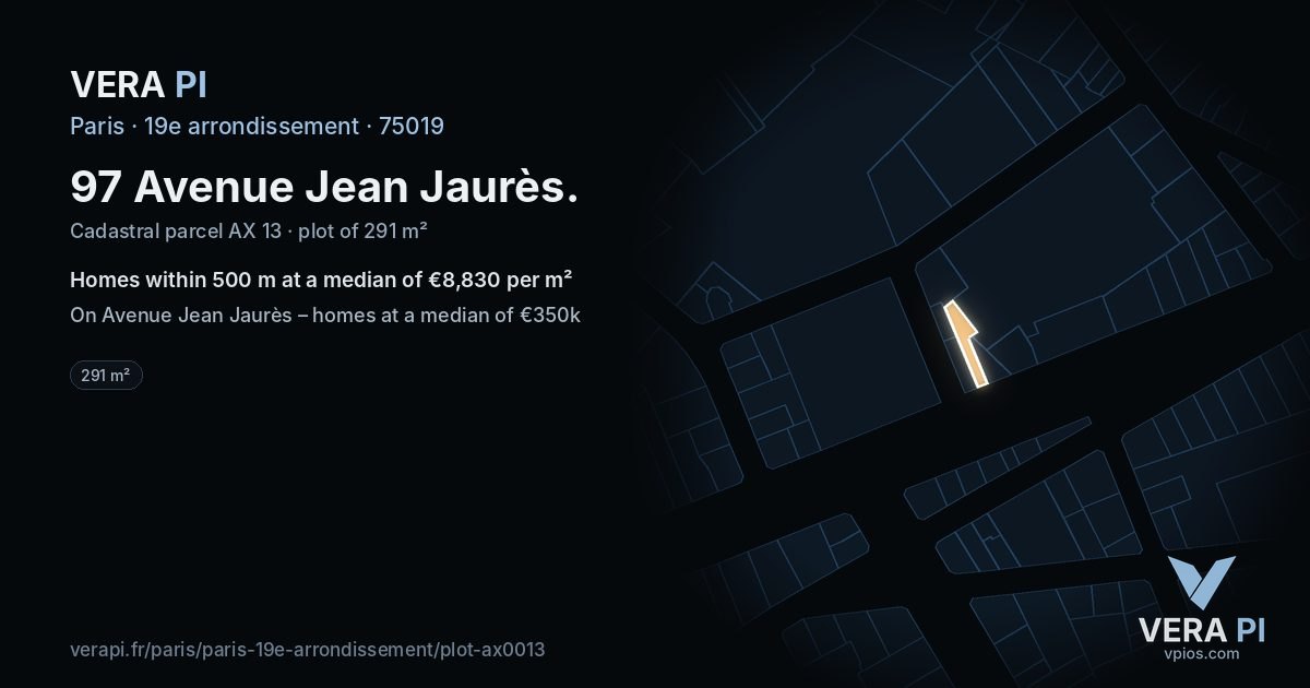 97 Avenue Jean Jaurès, 19e arrondissement at night – the plot lit, the parcels around coloured by the prices near them