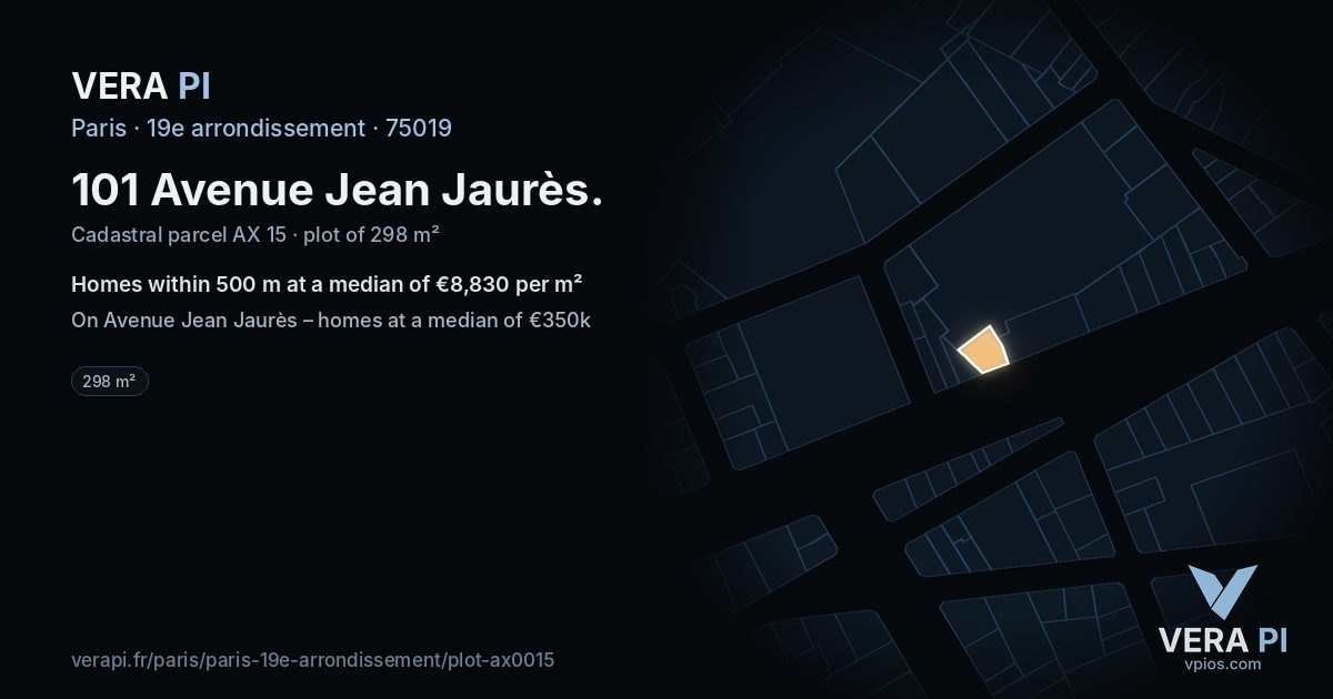 101 Avenue Jean Jaurès, 19e arrondissement at night – the plot lit, the parcels around coloured by the prices near them