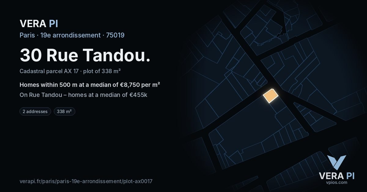 30 Rue Tandou, 19e arrondissement at night – the plot lit, the parcels around coloured by the prices near them