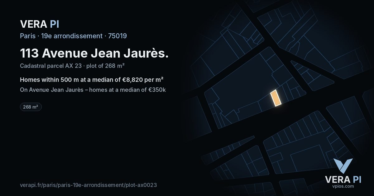 113 Avenue Jean Jaurès, 19e arrondissement at night – the plot lit, the parcels around coloured by the prices near them