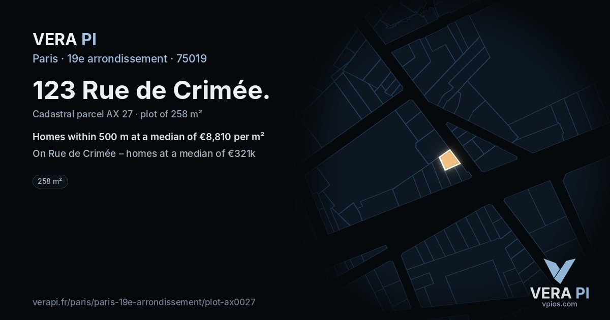 123 Rue de Crimée, 19e arrondissement at night – the plot lit, the parcels around coloured by the prices near them