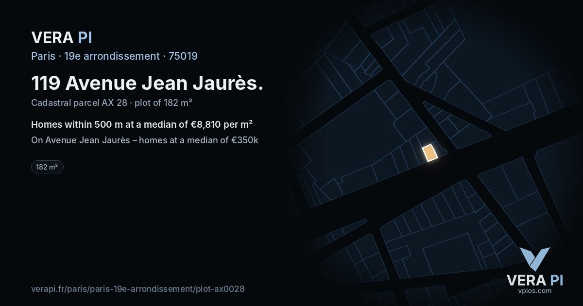 119 Avenue Jean Jaurès, 19e arrondissement at night – the plot lit, the parcels around coloured by the prices near them